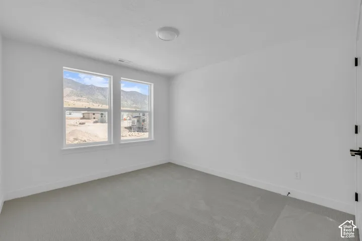 Spacious bedroom featuring dual single-hung windows with mountain views.