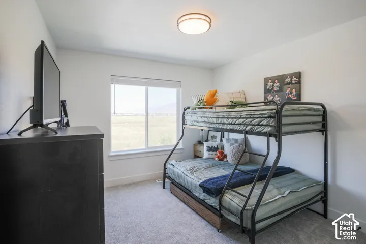 Recessed window with expansive outdoor scenery, light gray carpet, white walls, and a ceiling-mounted light fixture