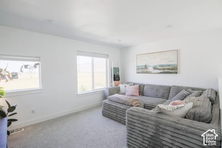 Recessed ceiling lighting, white walls, and light-colored carpeting