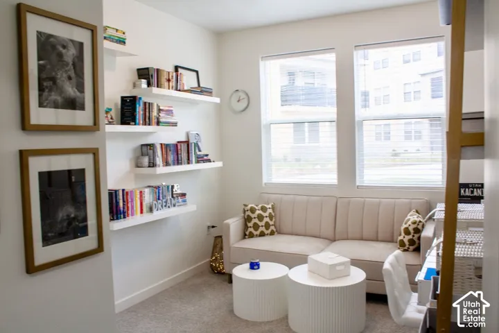 Recessed lighting, multiple windows with blinds, white floating shelves, and light-toned carpeting