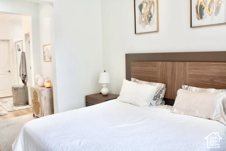 Wood-finish headboard with integrated panels