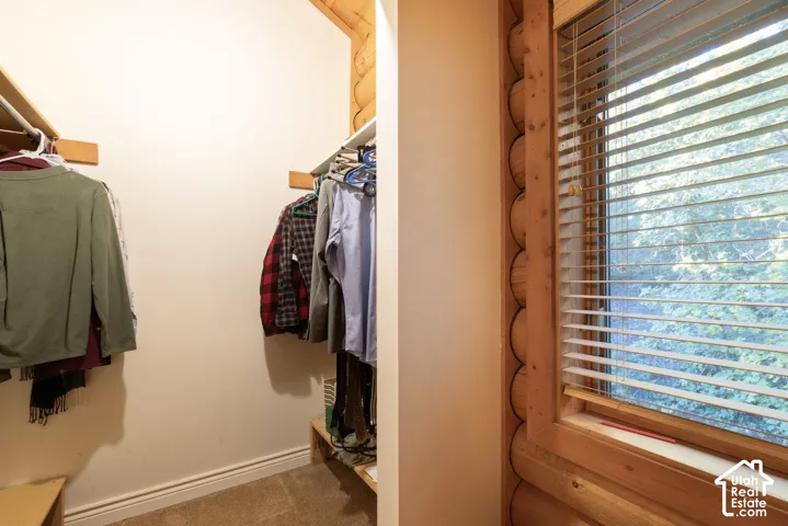 Walk-in closet with built-in shelving, carpeted flooring, a window with wood-finish blinds, and log-style interior wall