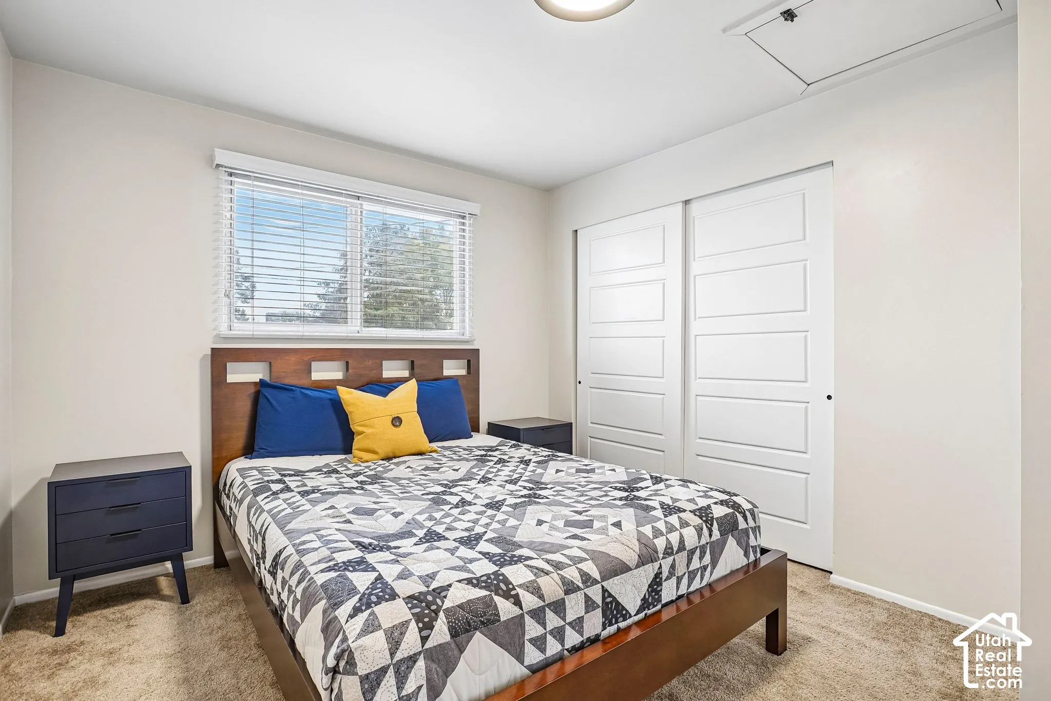 Carpeted flooring, white walls, horizontal window blinds, sliding closet doors with panel detailing, and a flush mount ceiling light
