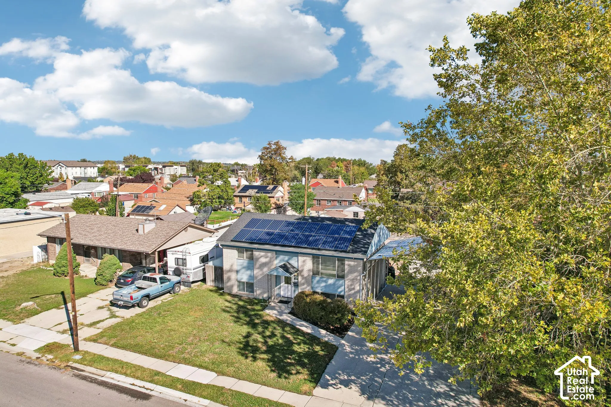 Front exterior featuring solar panels, a concrete driveway, and a mature tree