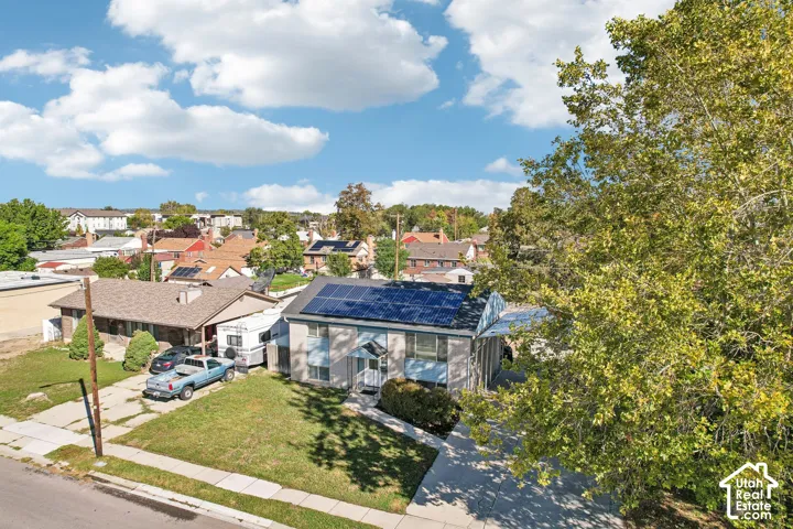 Front exterior featuring solar panels, a concrete driveway, and a mature tree