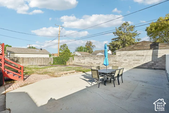 Expansive concrete patio with block wall perimeter