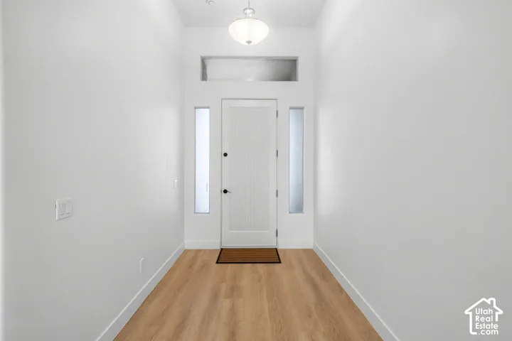 Wood-finish flooring with a white entry door, frosted sidelight windows, and a transom window
