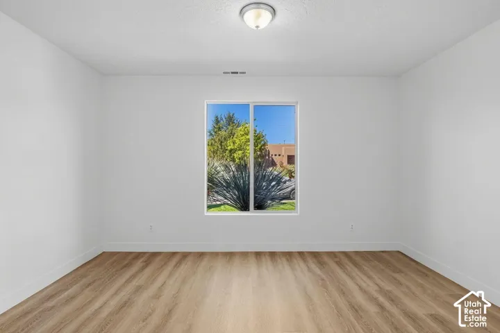 Wood-finish flooring with white baseboards, a flush-mount ceiling light fixture, and a single window