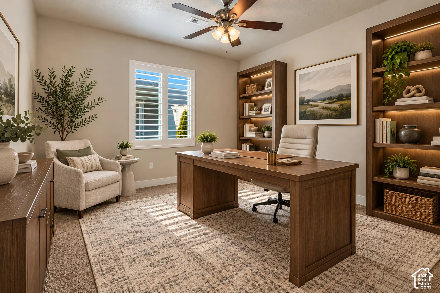 Bdr 2, Built-in wood-finish shelving with integrated lighting, plantation shutters, and a ceiling fan with light fixture