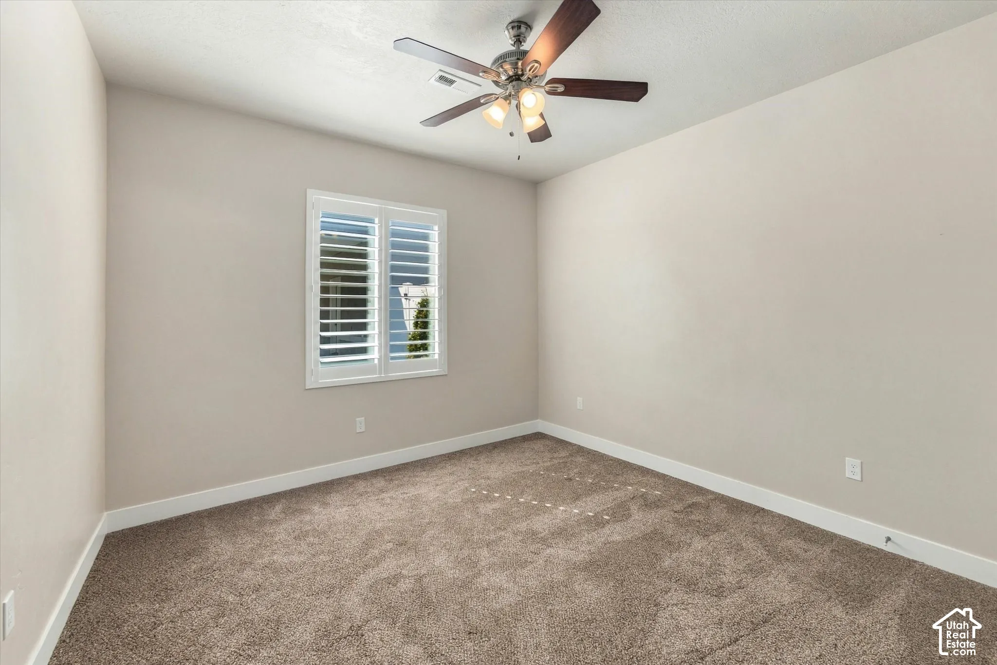 Neutral-toned walls complement the textured carpet flooring