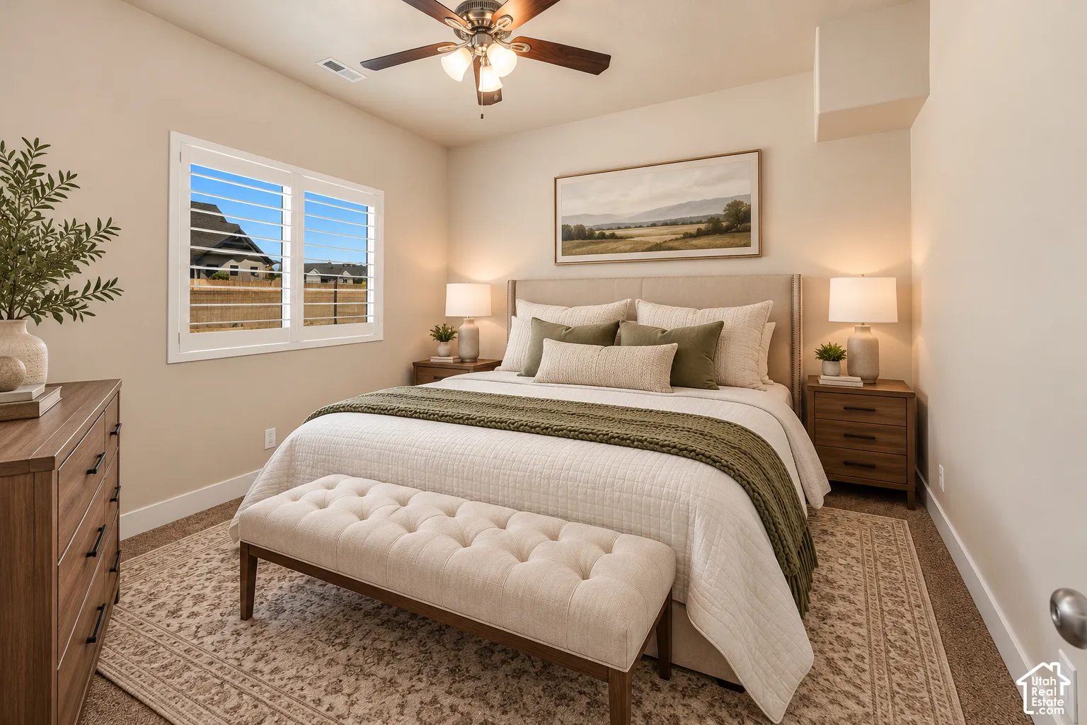 Bdr 1, Room featuring plantation shutters, neutral wall paint, and a ceiling fan with integrated lighting