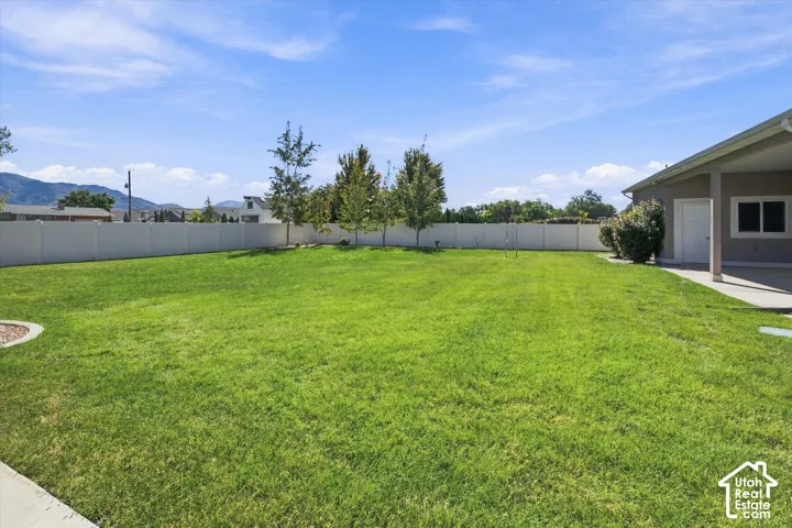 Expansive maintained .55 acres yard with a privacy fence, mature trees, and a covered patio area