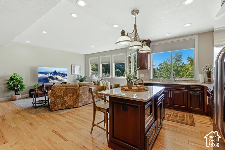 Lower level great room with large kitchen and comfortable family room with access to the covered patio