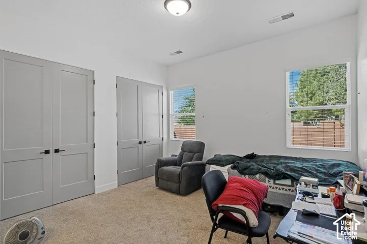 Recessed lighting fixture, light-colored carpeting, two windows with blinds, and two sets of double-panel doors with matte black hardware