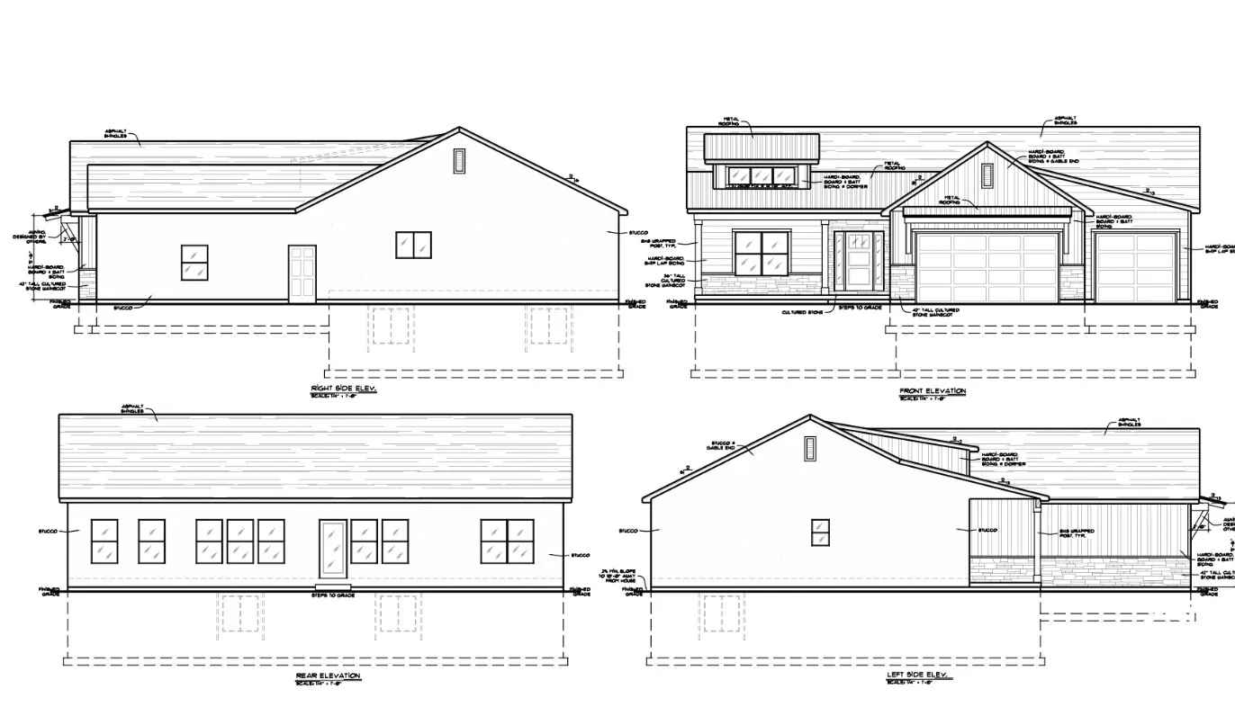 Architectural Drawings, Elevations. Illustrating the exterior views of the property from multiple perspectives
