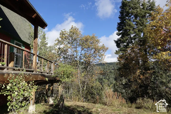 Exterior deck with wood railing, red siding, and surrounding mature trees
