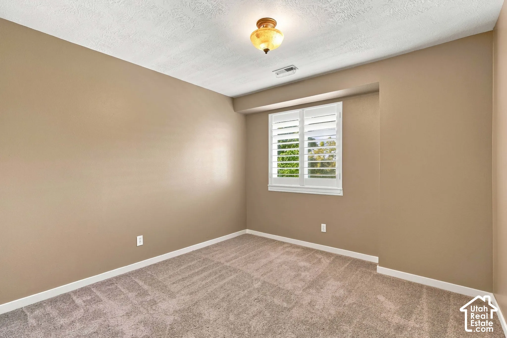 Neutral tone wall paint, textured ceiling, carpeted flooring, window with white plantation shutters, and a ceiling-mounted light fixture