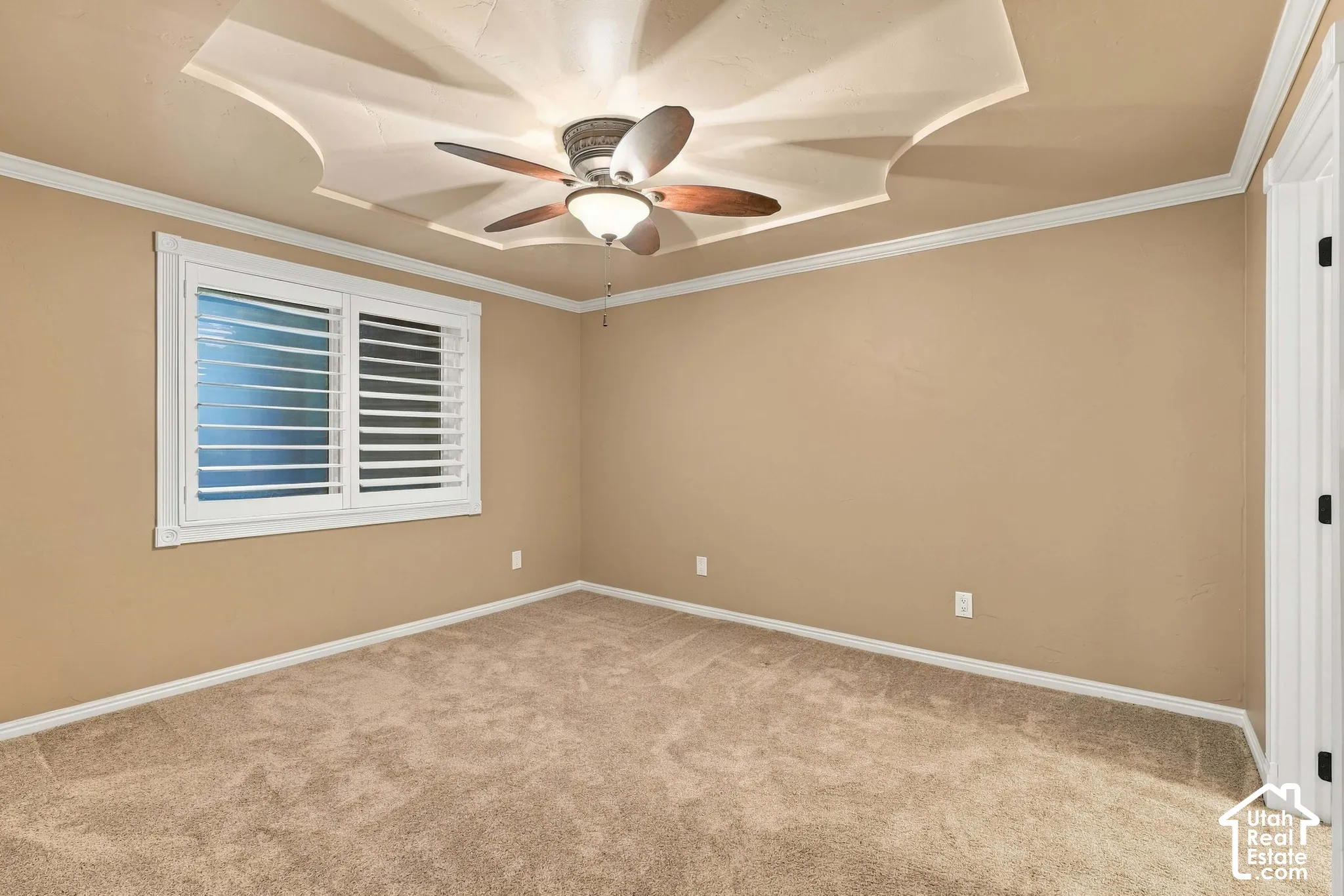 Tray ceiling with a decorative ceiling fan, crown molding, plantation shutters, and carpet flooring