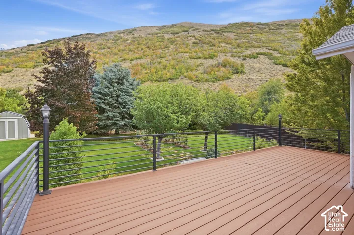 Spacious deck featuring composite decking and black metal railings, overlooking a grassy yard with mature trees and a distant hillside
