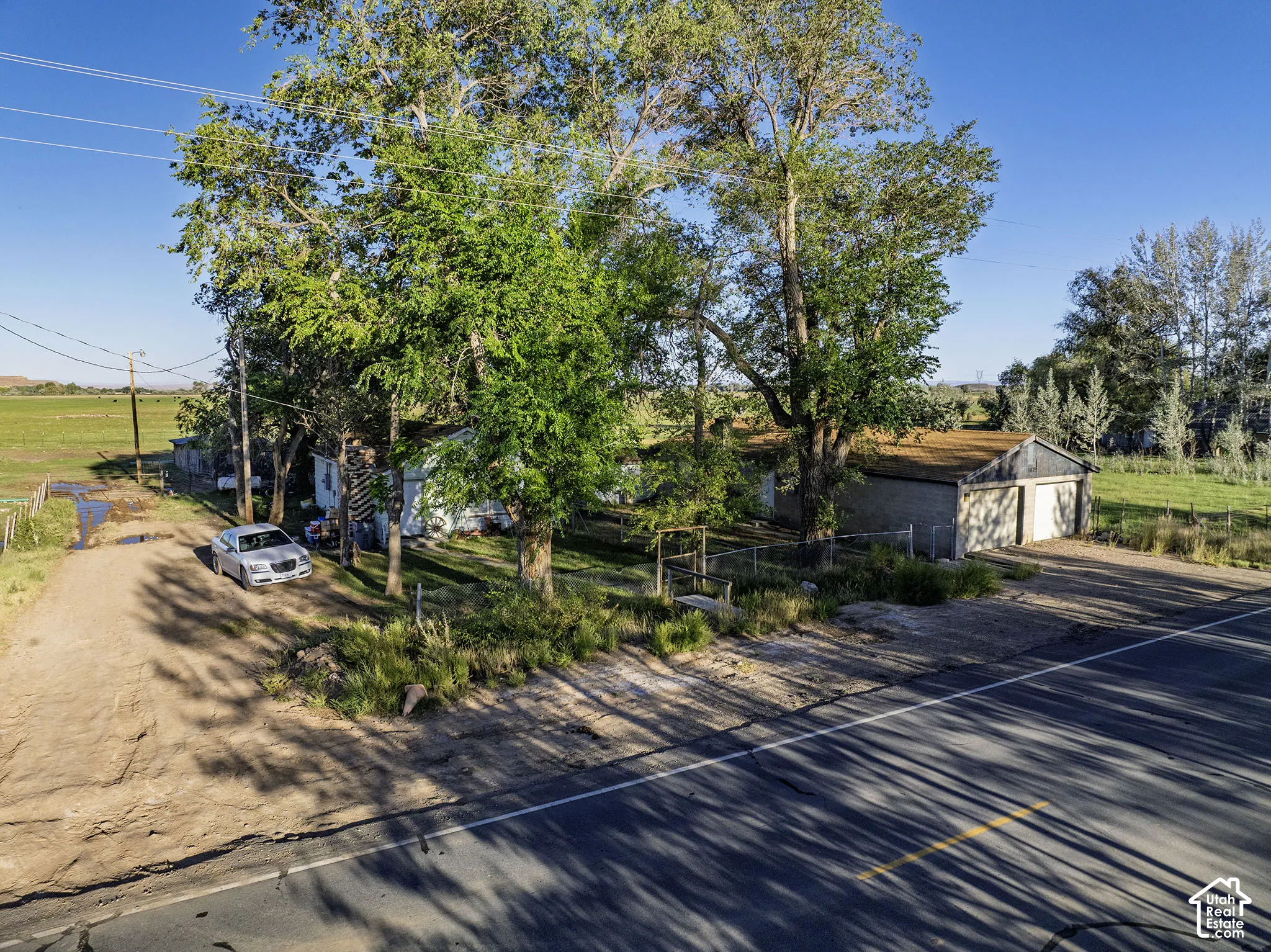 Extensive property with mature trees, a detached garage with dual bay doors, and a gravel driveway