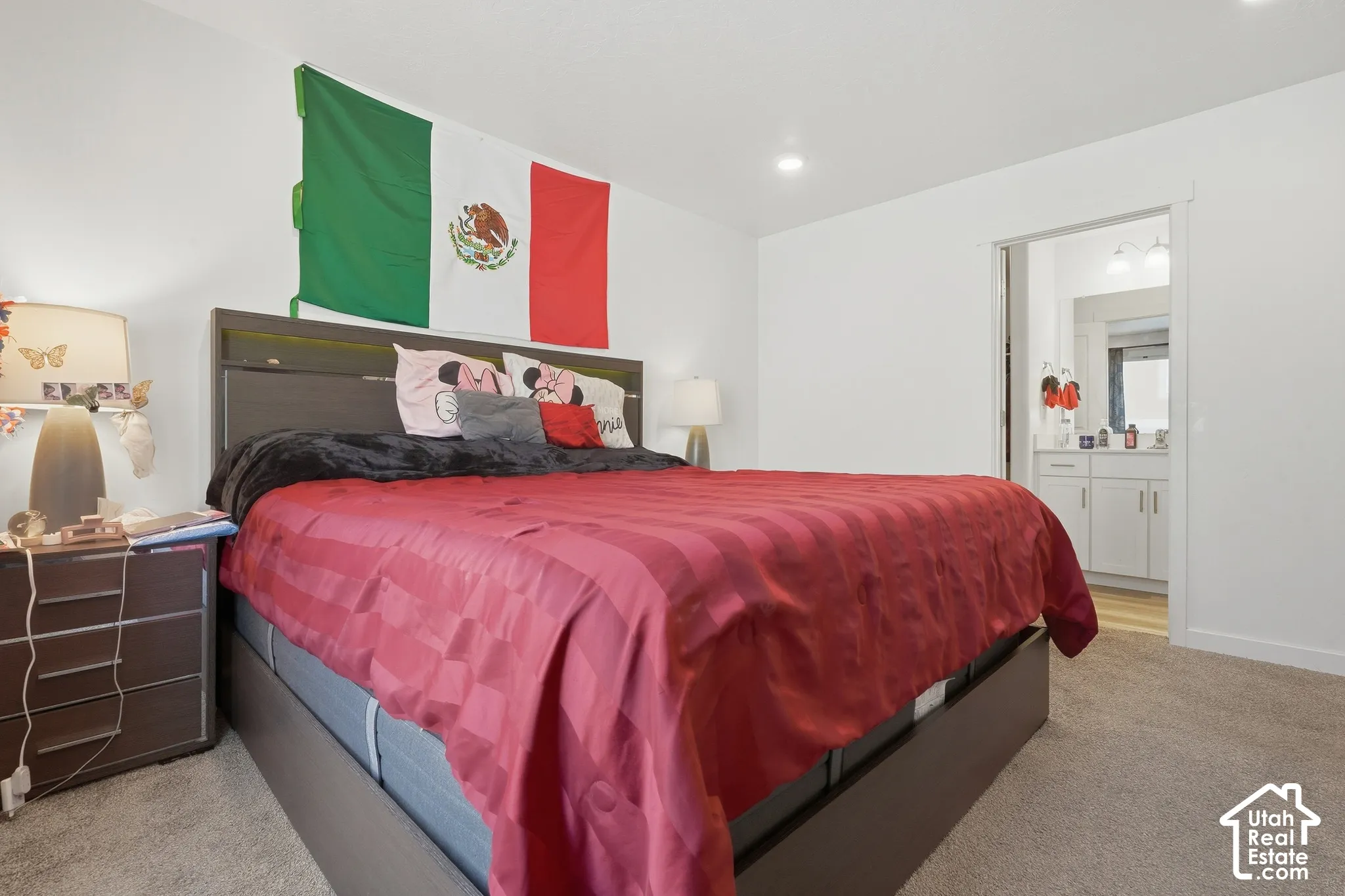 Plush carpeted flooring with recessed lighting