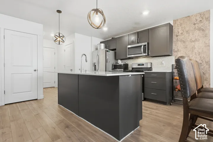 Kitchen featuring an island with a stainless steel faucet, wood-finish flooring, dark cabinetry, and recessed lighting