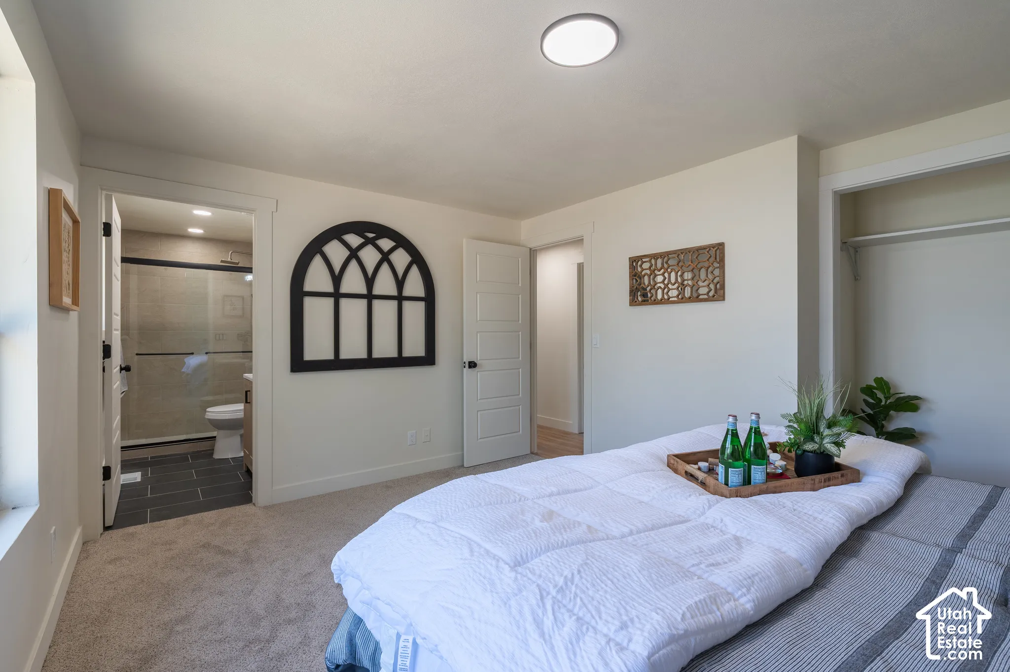 Carpeted flooring, recessed ceiling lighting, and a built-in closet