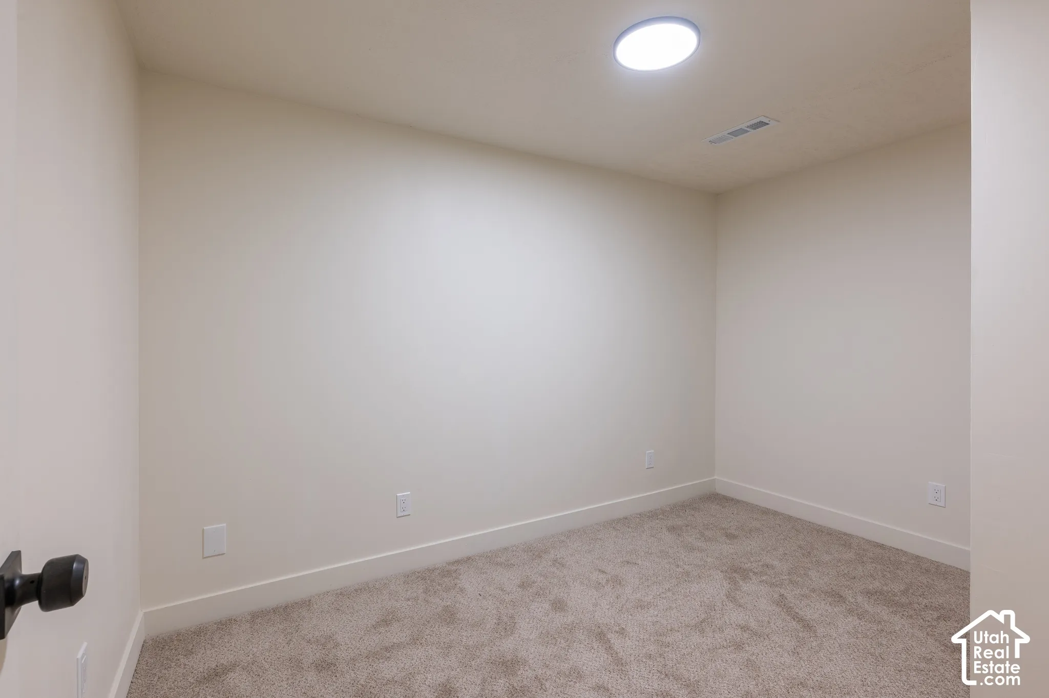 Neutral wall paint, recessed ceiling light, and carpeted flooring