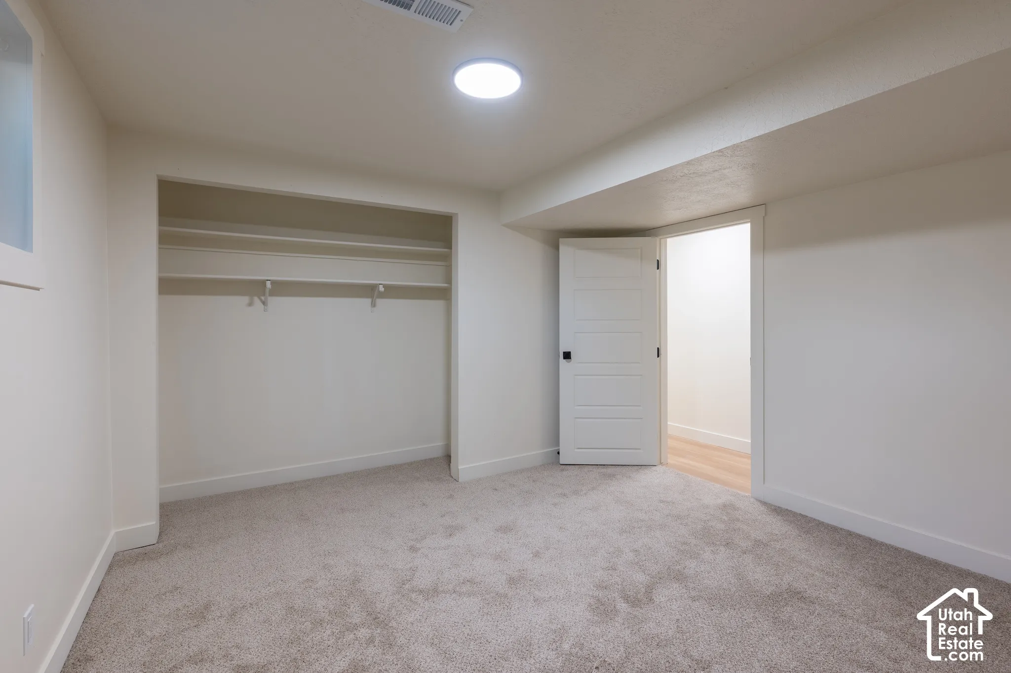 Recessed circular lighting, carpet flooring, built-in closet shelving, and a solid core door