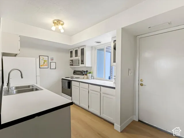 White cabinetry, light wood-finish flooring, stainless steel double-basin sink, integrated appliances, and a window