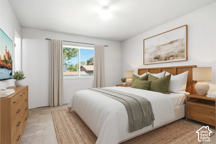 Master Bedroom Recessed ceiling lighting, wood panel headboard, white walls, and a window with horizontal blinds