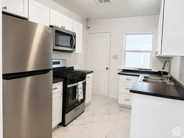 Kitchen featuring stainless steel appliances, white cabinetry, dark countertops, and a dual basin sink with a gooseneck faucet