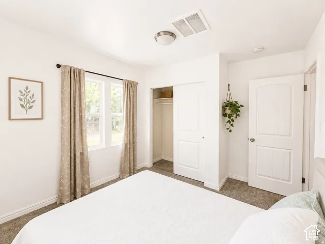 Double window with exterior views, sliding closet doors, ceiling-mounted light fixture, and textured carpeting