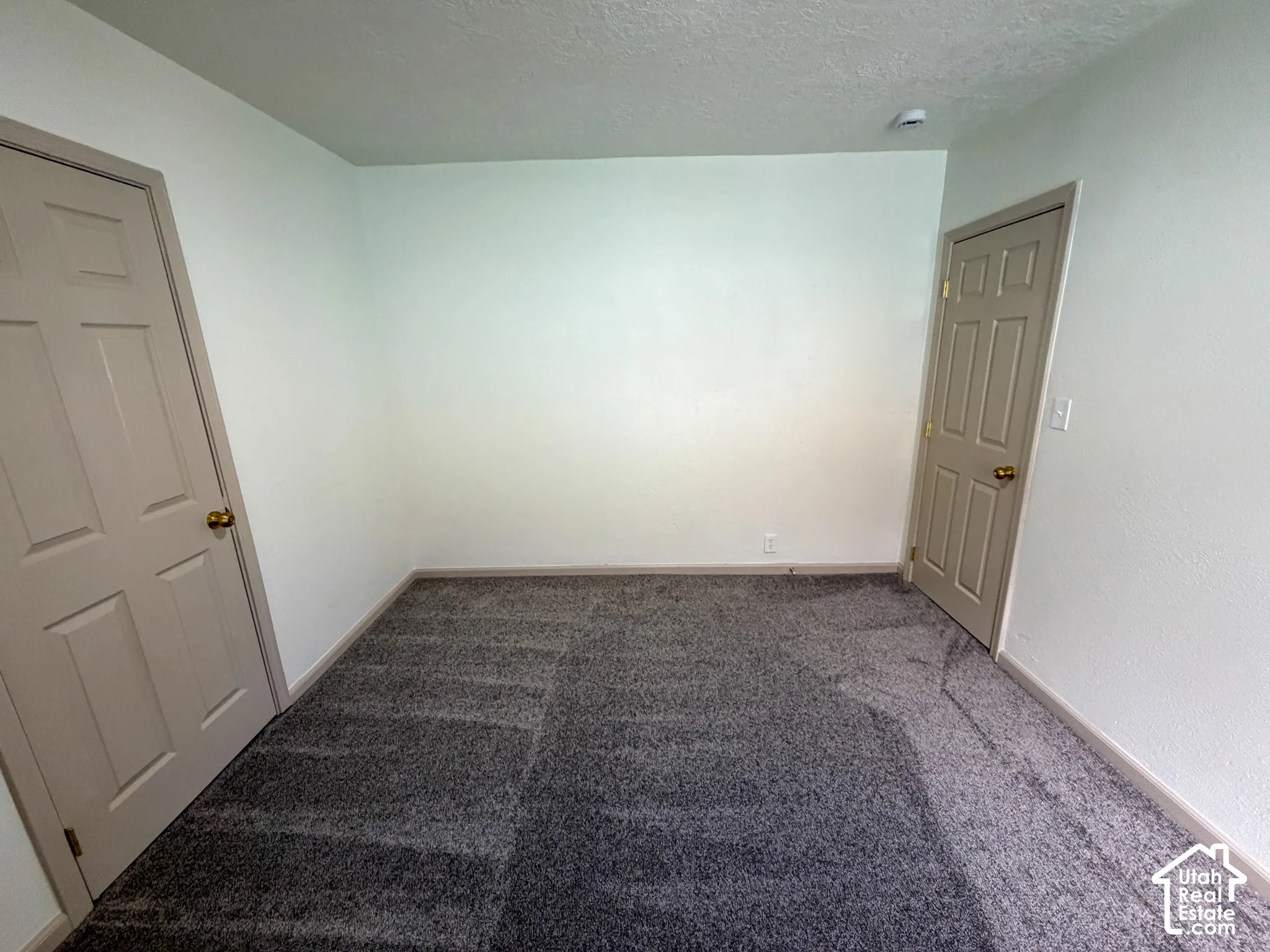 Neutral wall finishes, textured ceiling, panel doors, and gray carpeting