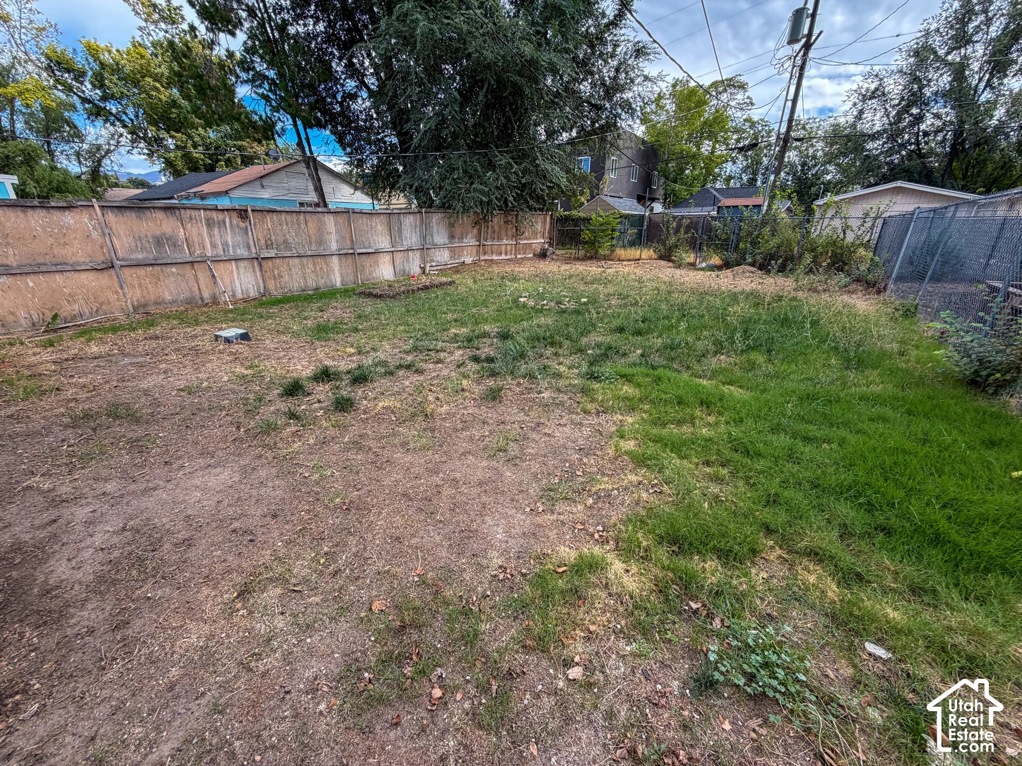 Expansive lot featuring varied ground cover, mature trees, and a perimeter fence