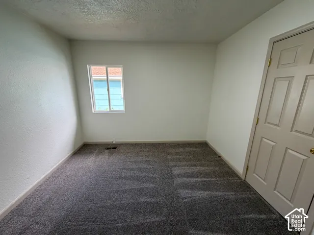 Neutral wall paint, textured walls, carpet flooring, single window, paneled door