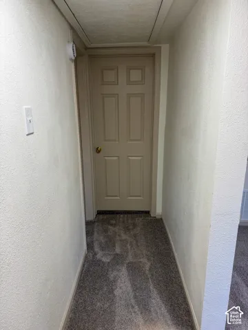 Textured beige walls with a neutral six-panel door, brass-finish doorknob, and grey-toned carpeting