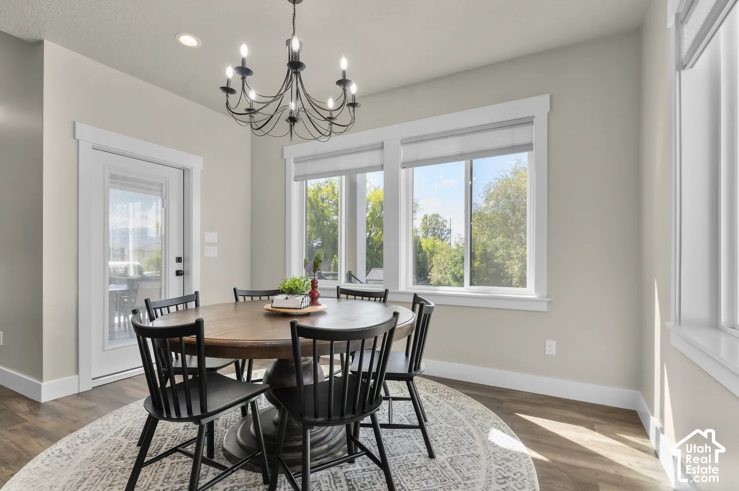 Dark wood-finish flooring, white window trim, and a clear glass paneled door