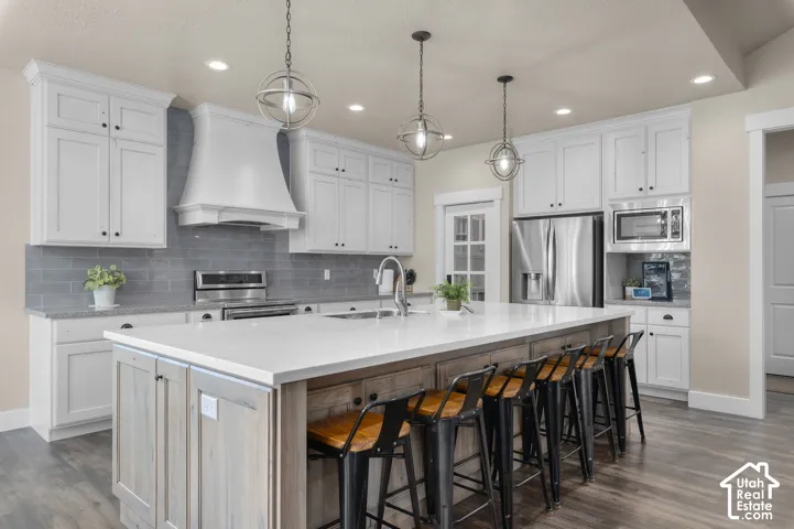 White cabinetry, stainless steel appliances, large kitchen island with seating, pendant lighting, and wood-finish flooring