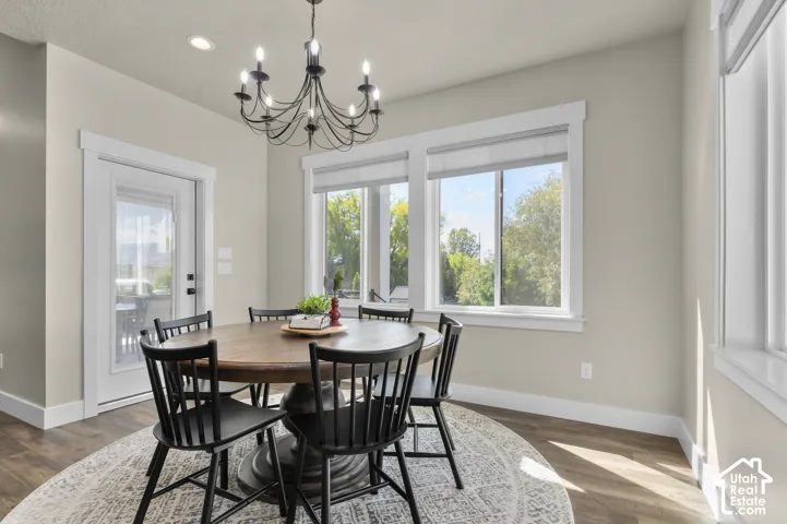 Dark wood-finish flooring, white window trim, and a clear glass paneled door