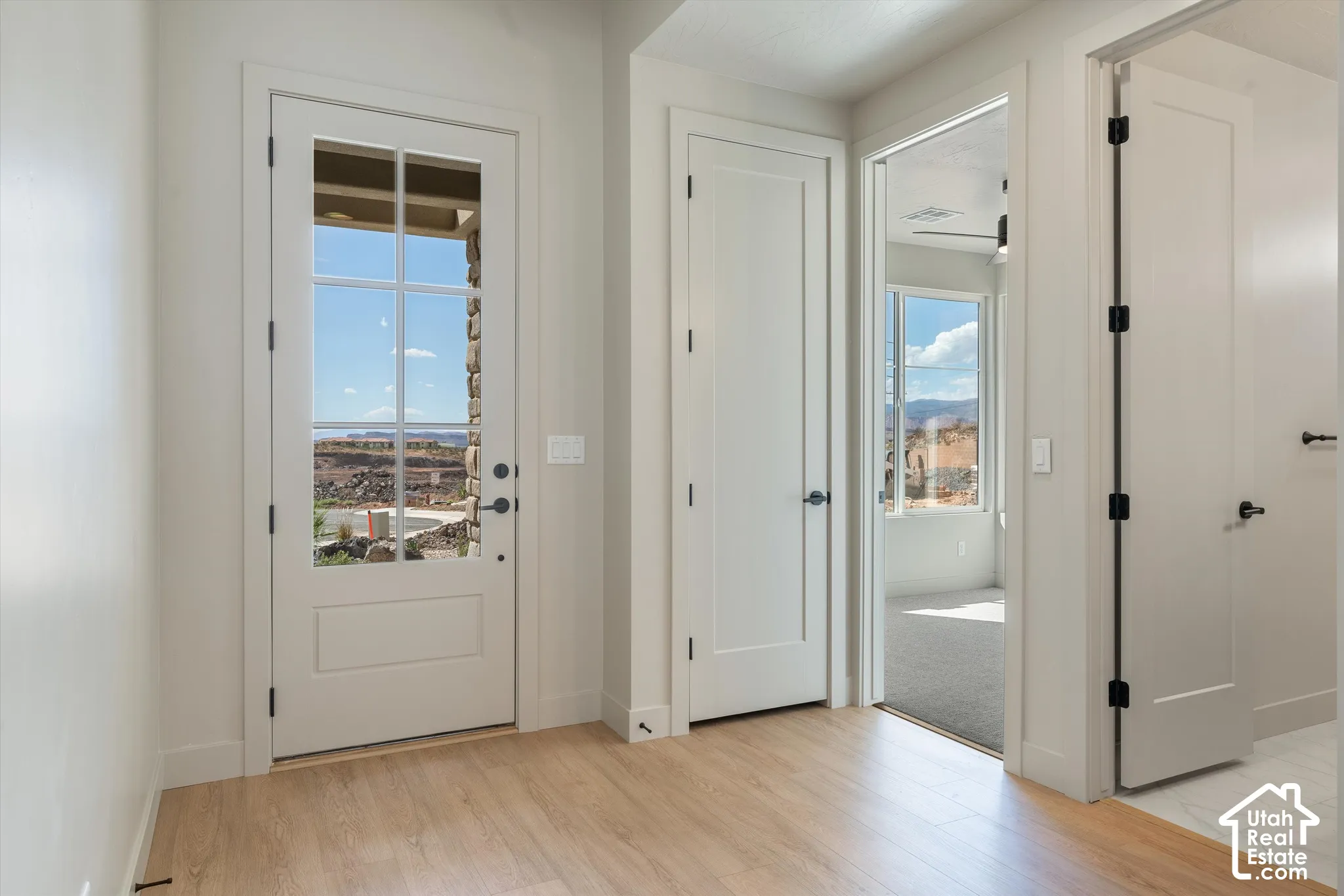 Wood-finish flooring throughout the space