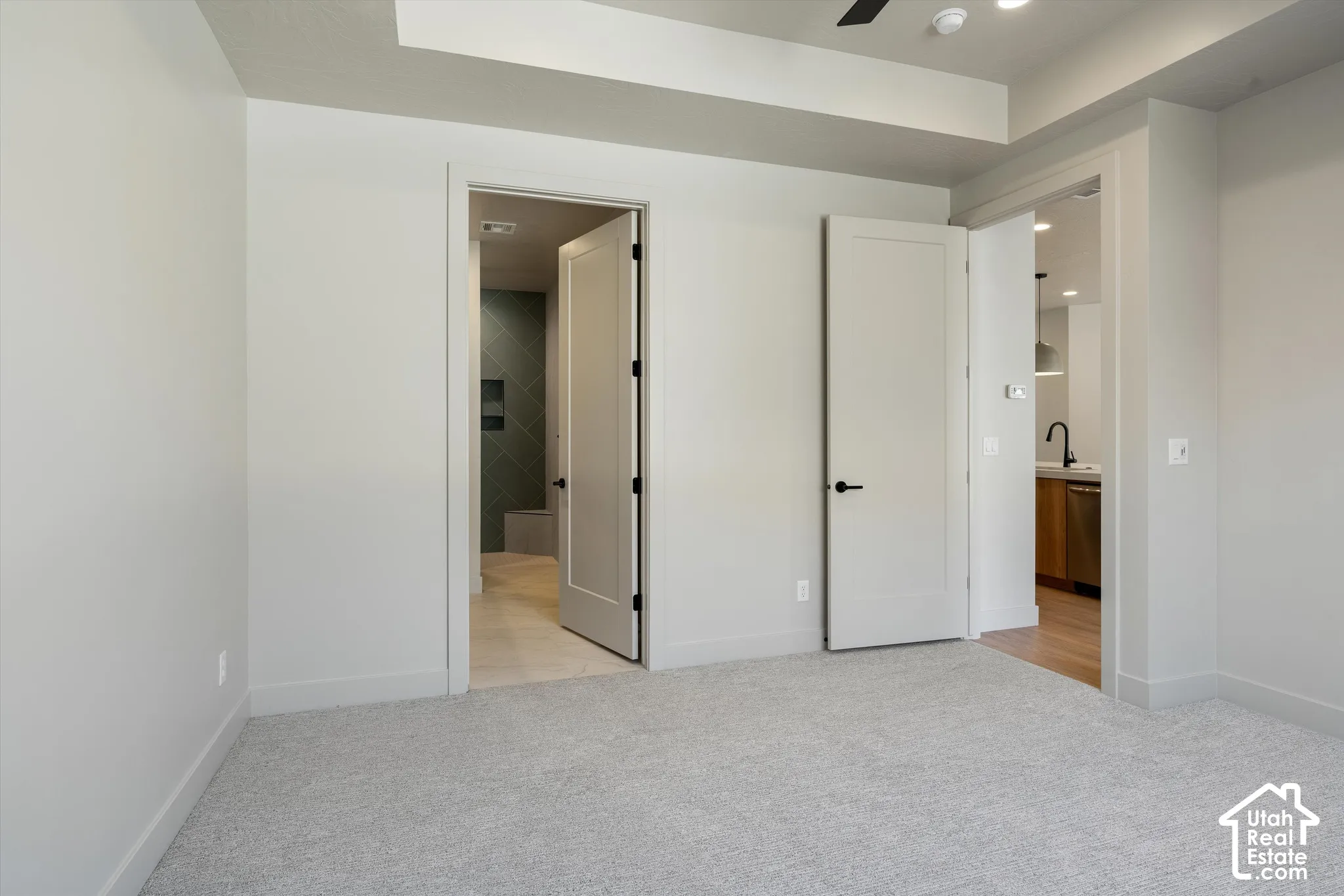 Plush carpeted flooring, tray ceiling, recessed lighting, and solid core doors with black hardware
