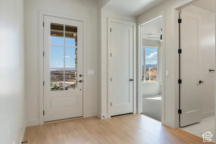 Wood-finish flooring throughout the space