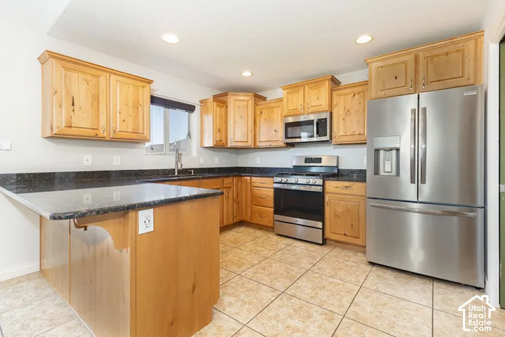 Kitchen featuring stainless steel appliances, wood cabinetry, dark countertops, and tiled flooring