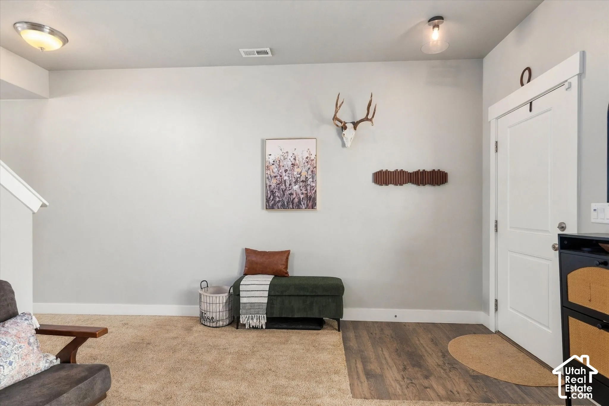 Combined flooring with wood-finish planks and carpet