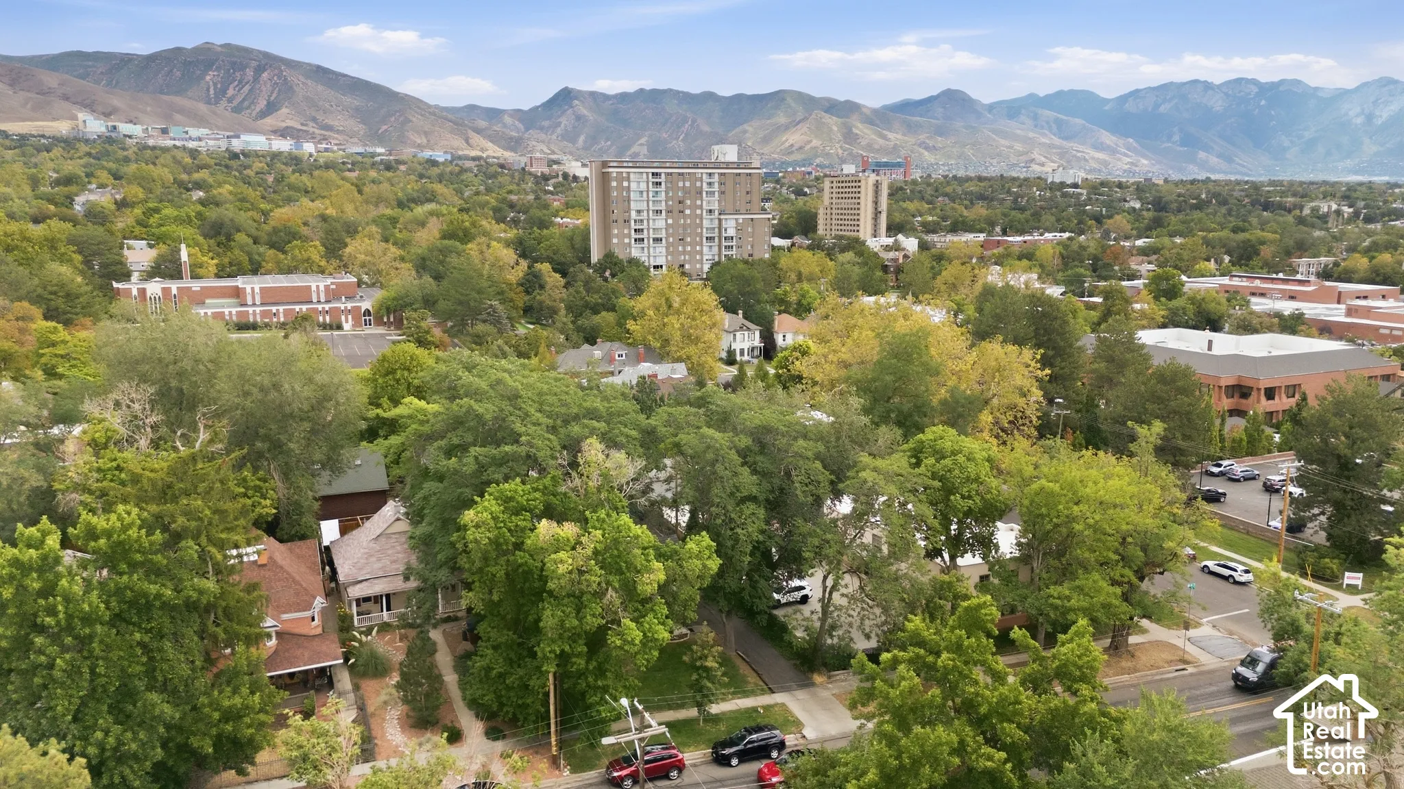 Expansive urban setting with dense tree cover and distant mountain range