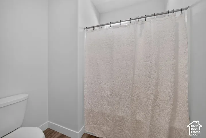 White toilet with wood-finish flooring