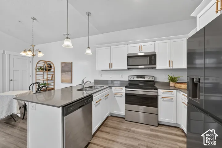 Kitchen featuring white cabinetry, stainless steel appliances, wood-finish flooring, a double basin sink, and pendant lighting
