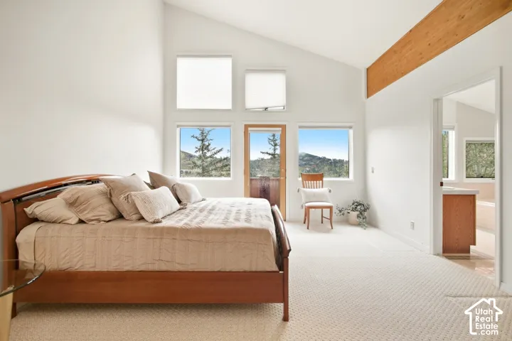 Vaulted ceiling with exposed wood beam, multiple windows, door with glass panel, and light-toned carpeting