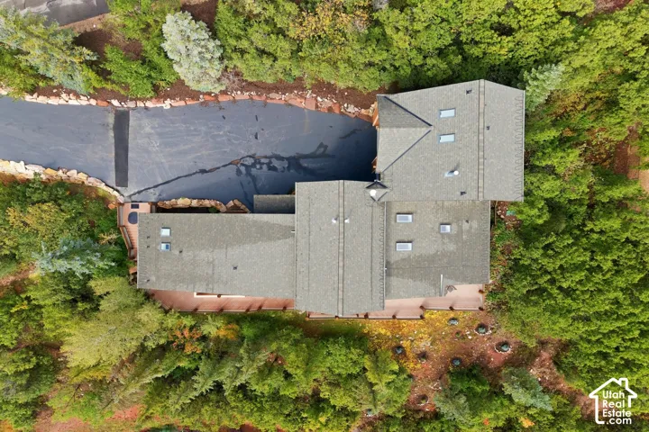 Asphalt driveway, surrounded by mature trees, multi-level roofing, multiple skylights, and extensive decking